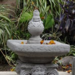 Concrete Ancient Square Birdbath with Frog Finial, A Hummingbird Favorite